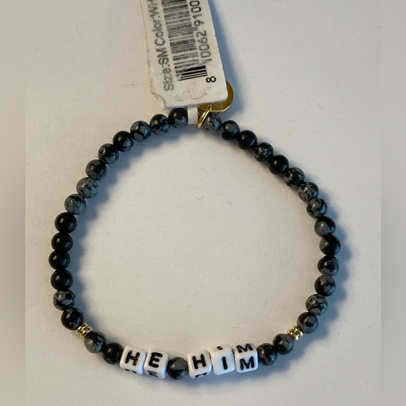 Little Words Project Bracelet - She/Her & He/Him - Black & White Beaded Stretch - Picture 6 of 8